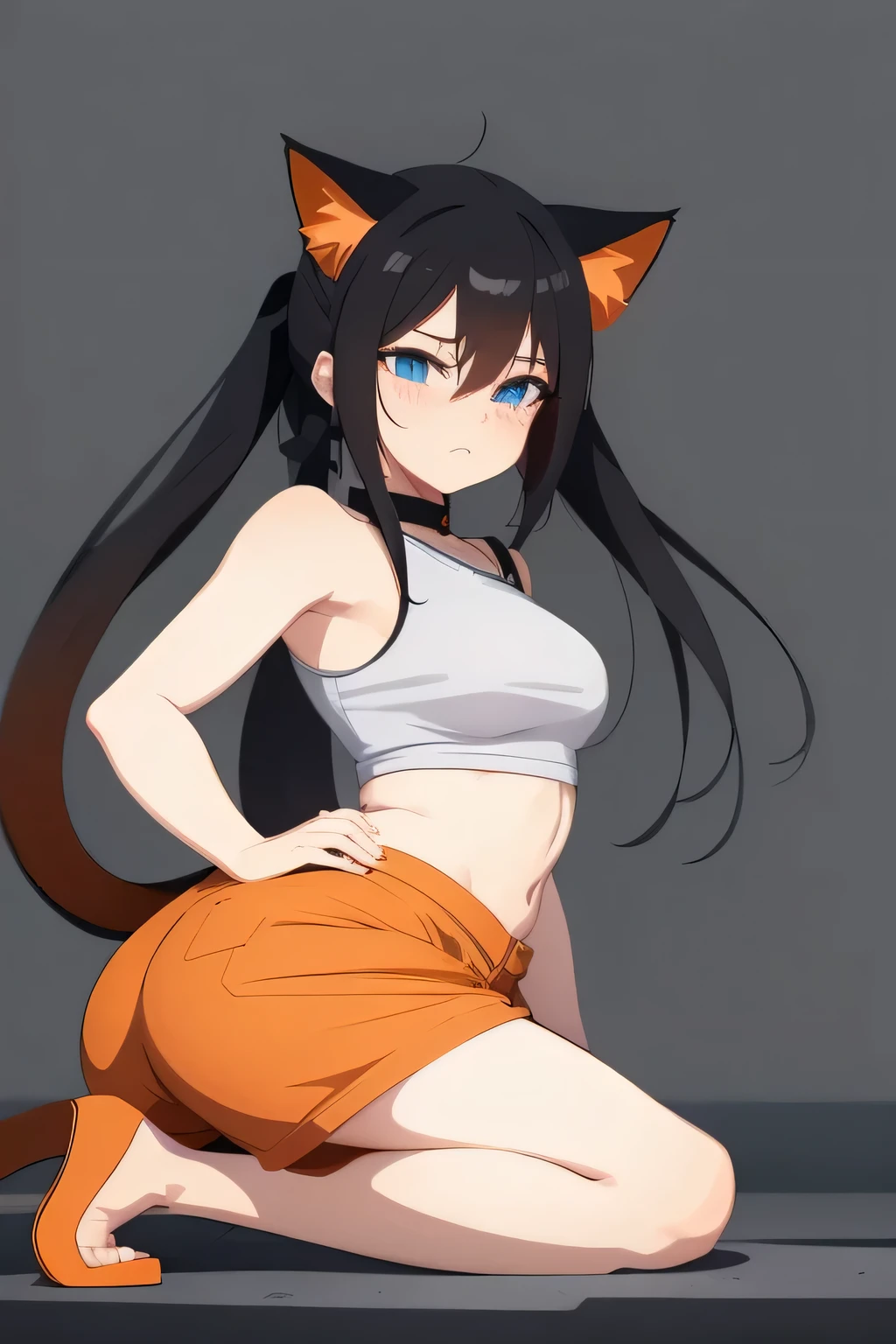 Beautiful, anime, prisoner, wearing orange prison uniform, black hair, cat ears, cat tail, 1girl, Long Hair, Blue eyes, Simple background, Ponytail, peeing pants, Blush, Crying, Blending, 