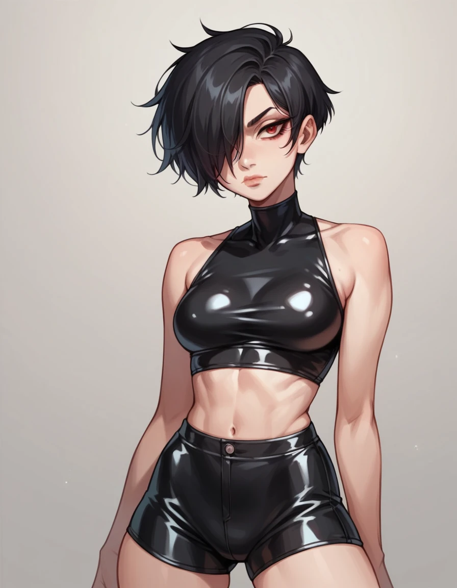masterpiece, best quality, 1girl, tomboy, black hair, short hair, inverted bob, hair over one eye, thick lips, red eyes, closed mouth, long eyelash, veins, latex crop top, latex shorts,