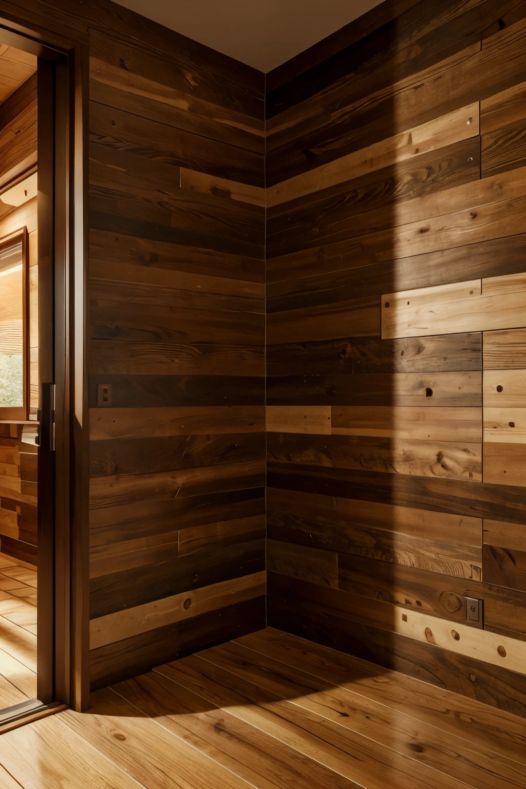 a cozy wooden corner, aspen wood panels on the wall, tiles on the floor, warm lighting, detailed textures, photorealistic, 8k, high quality, hyper detailed