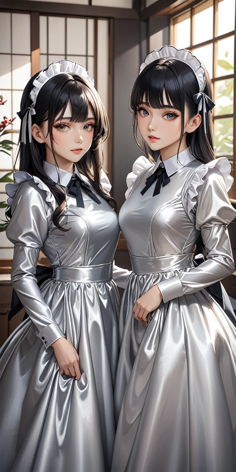 Portraiture、(masterpiece,Highest quality,Ultra-high resolution),Japanese women, (((Two very beautiful 25 year old girls)))、Both are wearing shiny pale silver satin long sleeve maid dresses..、The dress is made of shiny satin and has a simple design that doesn't expose any skin..、The skirt is a long skirt with frills、Satin Gloves、((Satin bodysuit))、Bright room、The two of them are sitting side by side on the bed