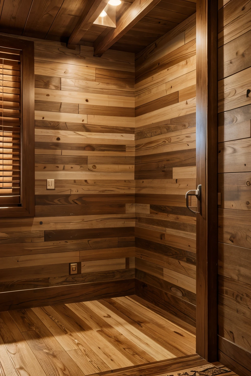 a cozy wooden corner, aspen wood panels on the wall, tiles on the floor, warm lighting, detailed textures, photorealistic, 8k, high quality, hyper detailed