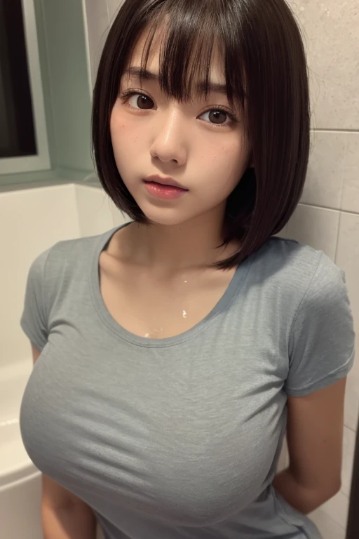 15-year-old girl, Black bob cut, (Thin eyebrows), Oversized T-shirt, Grey T-shirt, Wet T-shirt, (Huge breasts), ((avert your eyes)), Symmetrical eyes, Upper Body, Washroom, Wet clothes, Low lighting,