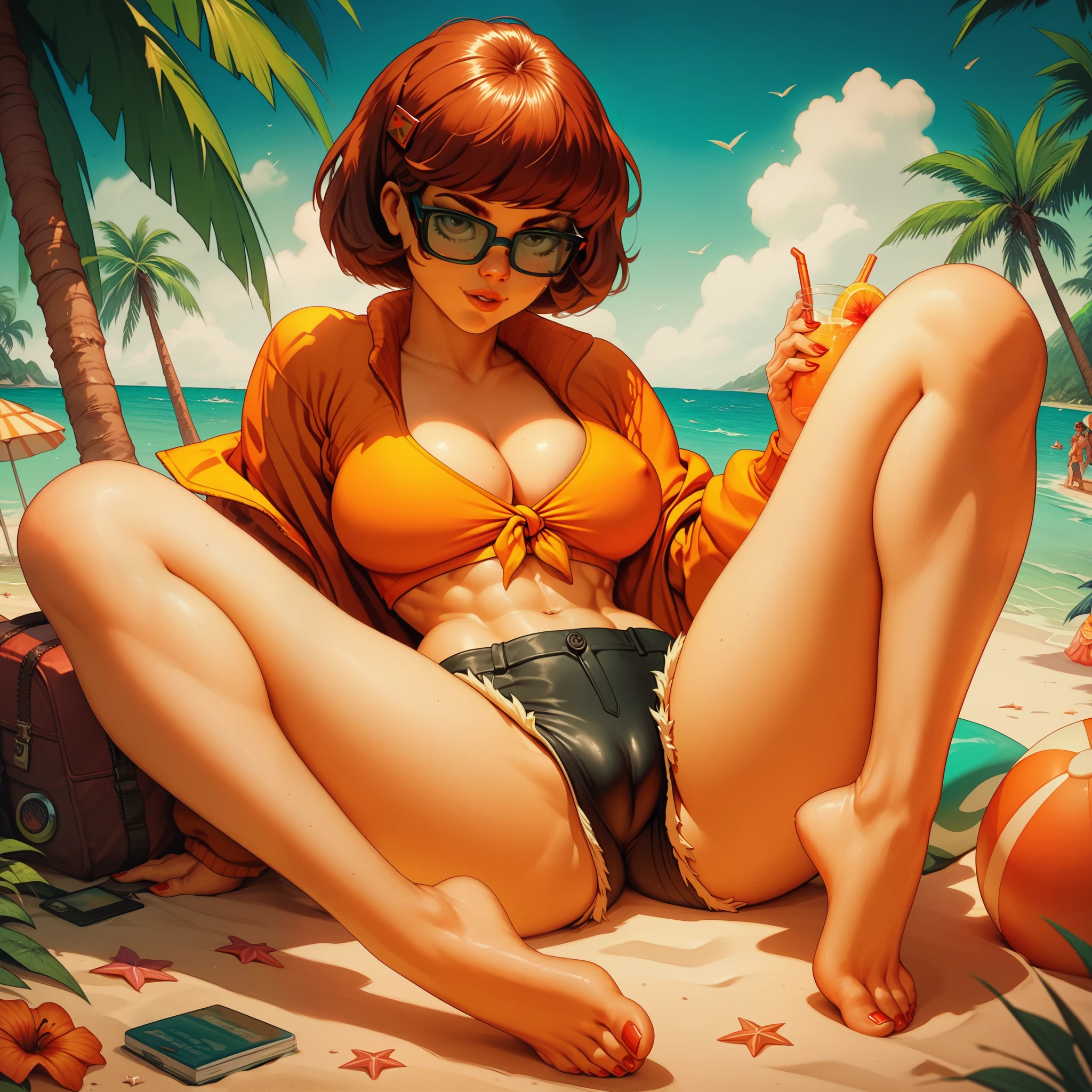 score_9, score_8_up, score_7_up, score_6_up, 8k Velma, and ,toned in organge shorts, cameltoe, at beach,, fit,bottomless ,big ,(( big ,cleavage)) full body