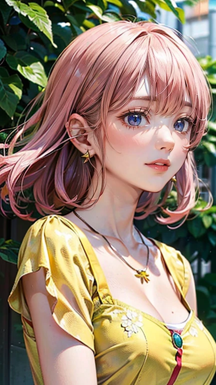 (Masterpiece, BestQuality:1.3), (ultra detailed:1.2), (hyperrealistic:1.3), (RAW photo:1.2), High detail RAW color photo, professional photograph, (Photorealistic:1.4), (realistic:1.4), professional lighting, perfect anatomy, (Big Breasts:1.2), (blush, detailed face), (A happy smile:1.7), Trending Hair&Trending Hairカラーをランダムに, earrings, necklace, bracelet, sexly, erotic sexly, Random sexy gravure poses, (A woman wearing a yellow dress、庭で花を摘みながらA happy smileでセクシーなポーズをとっている。Straight pink hair swaying in the wind。:1.3)