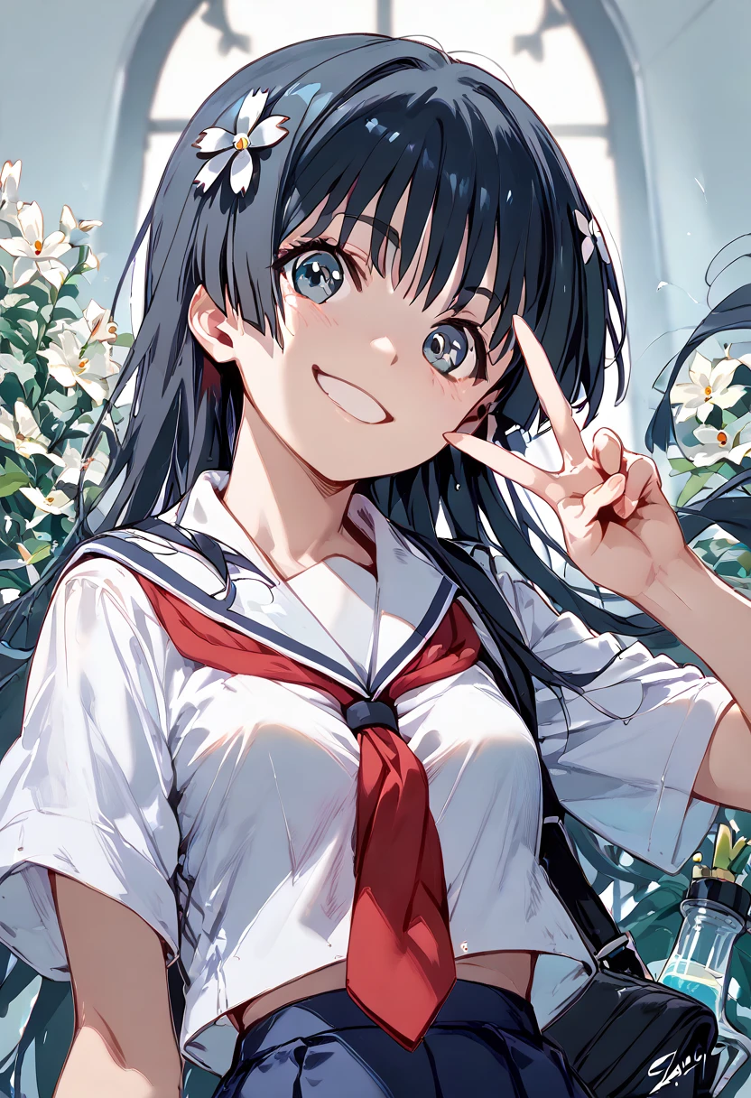 ((masterpiece,High resolution,Highest quality,8k))
(A Certain Scientific Railgun,Saten Ruiko)(14 year old female,Long black hair,Small breasts,The body is slim,Flower Hairpin)
(White Sailor Suit,Red tie,Blue Skirt)peace sign,smile
