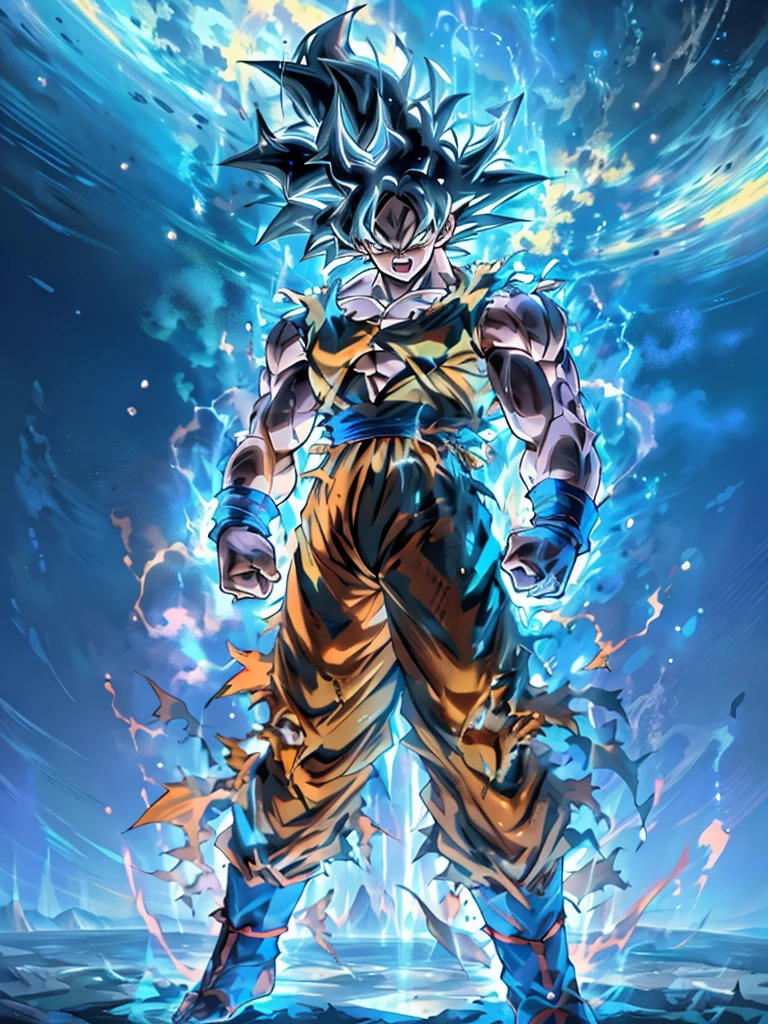 quadratic element,style of shonen anime artwork,son goku ,The proportions are correct,Face details,highly detailed eyes,hairstyle,Neck details,clothes details,getting ready to fight,short sleeves,Game quality,Light and shadow tracking,Ray traching,detailed glow,cg render,hair detail,Handsome,Handsome,(juvenile sense),Clothing is complicated, Perfectcomposition,Refinement,high qulity,higher details,Lots of details, cosmose in the background, The background is complex, a sense of atmosphere, happy looking, ((anime))((colorful)), 8k, ((masterpiece)), HDR, highly detailed, vaines poping out, professiona,cloudstick,goku,super saiyan, full body artwork, in space, (happy), (blackhair:1.2)