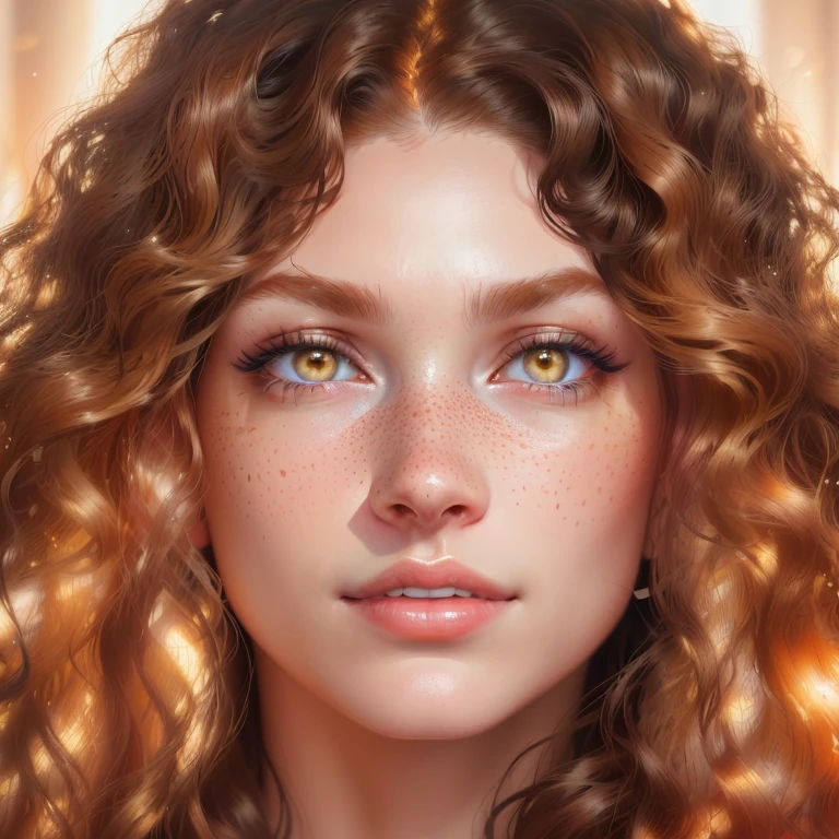 a close up of a woman with long curly hair and freckled hair, hyperrealistic beautiful face, photorealistic beautiful face, beautiful realistic face, ultra realistic digital painting, medium skin tone, photorealistic skin tone, realistic digital painting, photorealistic digital painting, hyperrealistic digital painting, realistic beautiful face, natural skin tone 4k textures, beautiful and realistic face