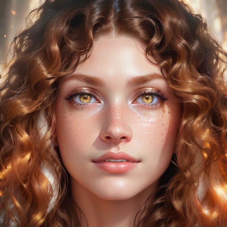 a close up of a woman with long curly hair and freckled hair, hyperrealistic beautiful face, photorealistic beautiful face, beautiful realistic face, ultra realistic digital painting, medium skin tone, photorealistic skin tone, realistic digital painting, photorealistic digital painting, hyperrealistic digital painting, realistic beautiful face, natural skin tone 4k textures, beautiful and realistic face