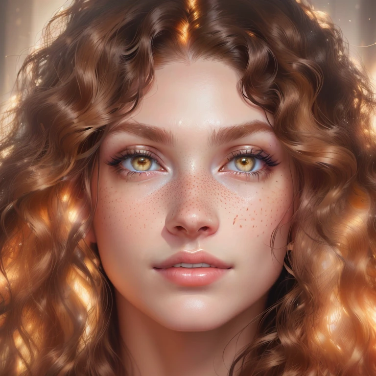 a close up of a woman with long curly hair and freckled hair, hyperrealistic beautiful face, photorealistic beautiful face, beautiful realistic face, ultra realistic digital painting, medium skin tone, photorealistic skin tone, realistic digital painting, photorealistic digital painting, hyperrealistic digital painting, realistic beautiful face, natural skin tone 4k textures, beautiful and realistic face