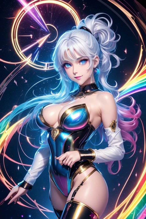 best quality, 32k, incredibly absurdres, extremely detailed, Intelligent beauty, silver short ponytail, red eyes, excited look, shiny seamless enamel latex rubber bodysuit, sparkling, shining brightly, shiny chrome plated, shiny gold plated, shiny silver plated and sparkling, shining brightly, finely crushed ruby, pink sapphire, blue topaz, emerald, amethyst, diamond, crystal, rainbow moonstone, white opal room, steampunk, dieselpunk, clockpunk, blend art, mixture art, fractal art, art design, motion-blur, action-lines, speed-lines, background swirl, static electricity, electric discharge, geometric pattern, irregularity, mysterious, sign of something happening, image processing with mysterious effects, translucent, fantastic haze, scattered gold powder, iridescent wind-effect, light-effect, professional lighting, BREAK , background tarot card style image, gear shape in iridescent, rainbow colors neon line light, variety of visual styles that combine various artistic elements like a sparkling iridescent rainbow