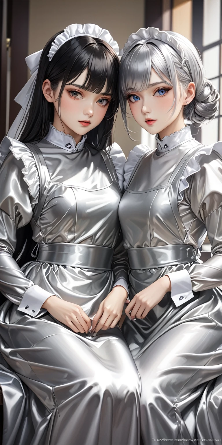 Portraiture、(masterpiece,Highest quality,Ultra-high resolution),Japanese women, (((Two very beautiful 25 year old girls)))、Both are wearing shiny pale silver satin long sleeve maid dresses..、The dress is made of shiny satin and has a simple design that doesn't expose any skin..、The skirt is a long skirt with frills、Satin Gloves、((Satin bodysuit))、Bright room、The two of them are sitting side by side on the bed