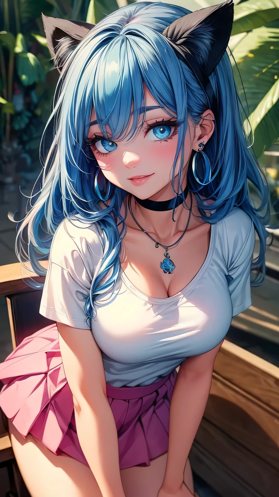 ((highest quality)),(ultra high resolution),(Super detailed),(detailed description),((best CG)),(best work of art),super precision art, great drawing art,(Art with precise details:1.5), 1 girl, solo, ((blue hair)), ((blue eyes)), beautiful face, long eyelashes, natural eyebrows, ((white t-shirt)), ((pink school skirt)), (looking at viewer), earrings, ear piercing, large breasts, thick thighs, cleavage, pale skin, flirty smile, juicy lips, posing sexily, sultry eyes, ((long bangs)), ((black choker, necklace)), (cat ears), close up, portrait, selfie