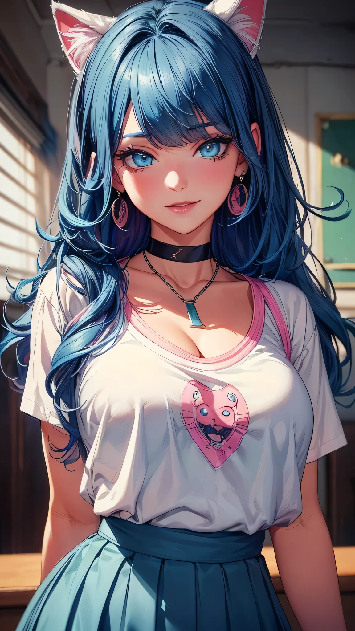 ((highest quality)),(ultra high resolution),(Super detailed),(detailed description),((best CG)),(best work of art),super precision art, great drawing art,(Art with precise details:1.5), 1 girl, solo, ((blue hair)), ((blue eyes)), beautiful face, long eyelashes, natural eyebrows, ((white t-shirt)), ((pink school skirt)), (looking at viewer), earrings, ear piercing, large breasts, thick thighs, cleavage, pale skin, flirty smile, juicy lips, posing sexily, sultry eyes, ((long bangs)), ((black choker, necklace)), (cat ears), close up, portrait, selfie
