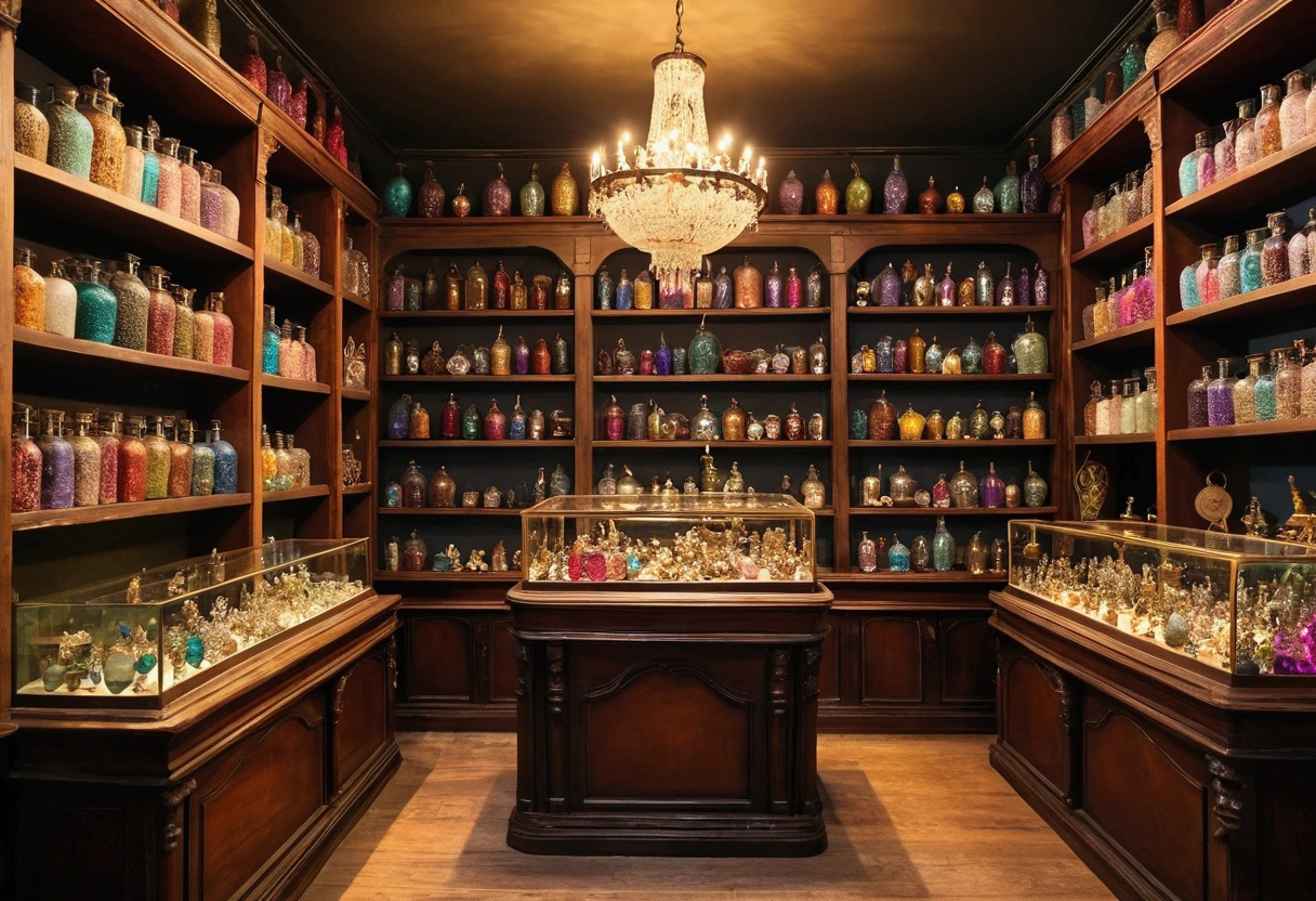 background,The interior of the store has an antique atmosphere.。The shelves are filled with magical potions and colorful feathers.、Inside the store where jewelry and other items are sold