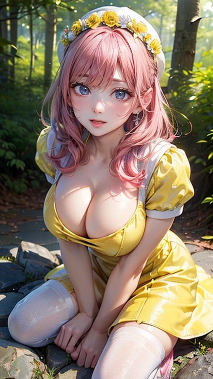 ((Highest quality, 8k, masterpiece :1.3)), (Sharp focus :1.2, Beautiful woman with perfect figure :1.4, Slim Abs), ((Big Breasts, Emphasize cleavage:1.3)), (Photorealistic:1.4), (realistic:1.4), (Pink Hair:1.5), Highly detailed face and skin texture, Fine grain, double eyelid. Makeup face, A little bit of lipstick, sex appeal, Sexy gravure pose, ((Yellow dress and white sneakers、The background is the forest、High school girl wearing a hat、Flower crown。:1.3)