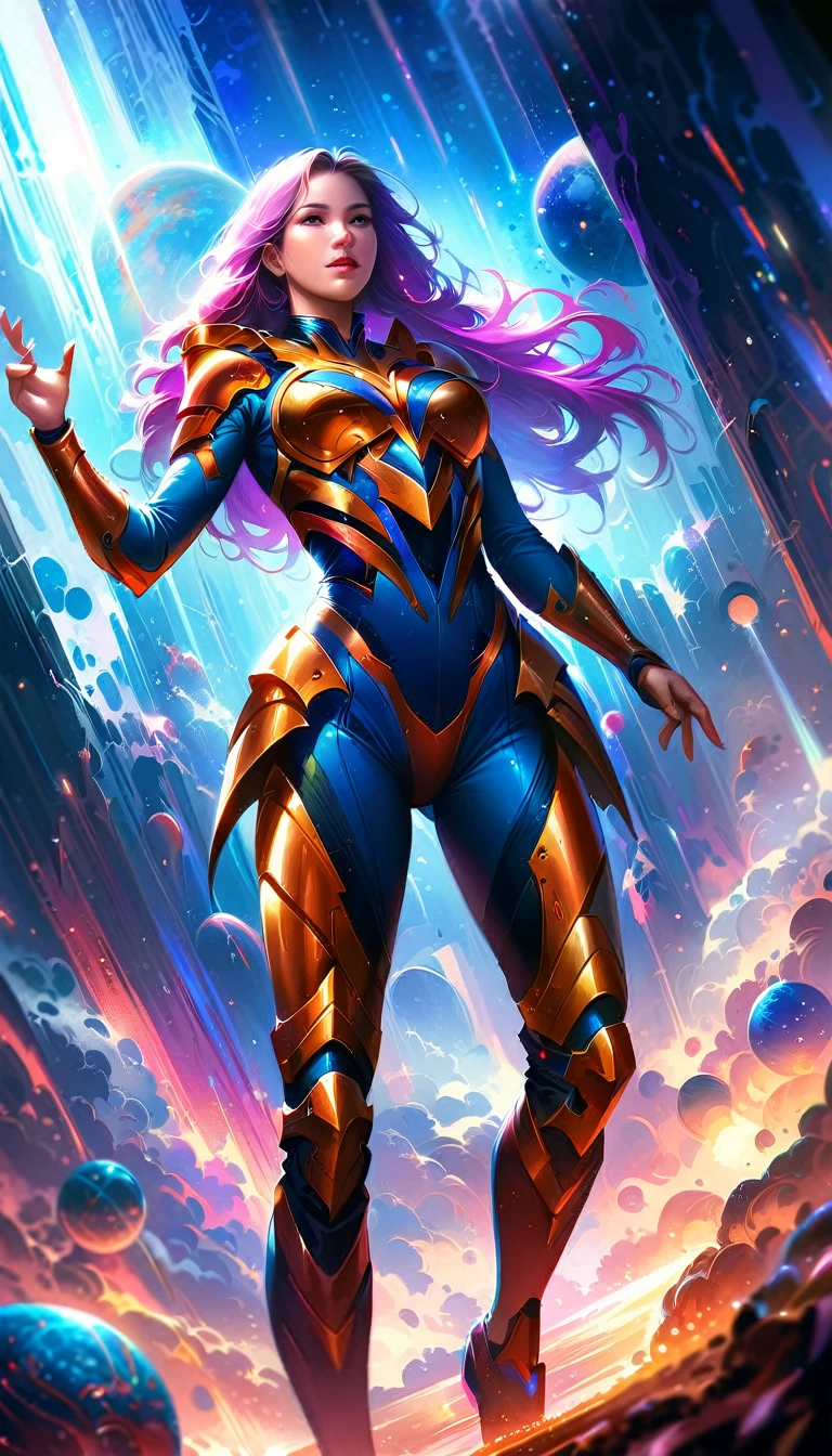 digital painting, (best quality,4k,8k,highres,masterpiece:1.2),ultra-detailed,(realistic,photorealistic,photo-realistic:1.37),sci-fi, dark fantasy, alien planet, full body shot, beautiful alien woman, award-winning moment, she win a deadly competition, joy and happy of winning, she hold the cosmic trophy of winning, lifts them up with his hand above head in a gesture of triumph, cosmic bloody armor, intricate details, surreal, dramatic lighting, cinematic, volumetric fog, otherworldly atmosphere, vibrant colors, chiaroscuro, cinematic angle, Cinematic Hollywood Film