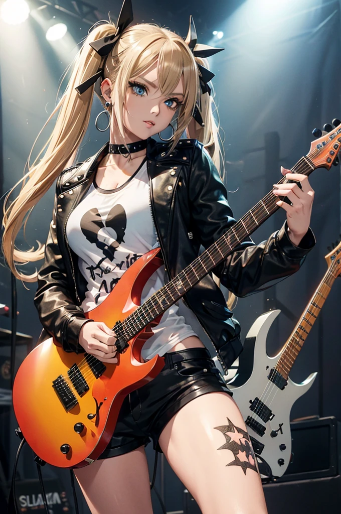 realistic:1.2, Rocker girl wearing a leather jacket,slim body shape、Normal bust size、 highly realistic photograph, full body shot, 1two electric guitars, clothes with spikes,white tank top、Navel exposed、low rise leather shorts,tattoo,earrings dark lipstick, blue eyes,blonde twintail hair,black ribbon, beautiful and perfect legs, confident look, punk style ,dynamic pose, dynamic lighting, brightly colored stage,colorful stage lights, ant alexa 65, 50MM lens