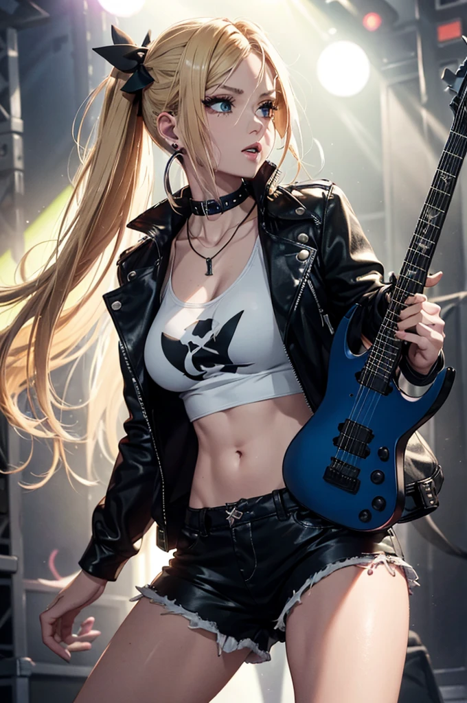 realistic:1.2, Rocker girl wearing a leather jacket,slim body shape、Normal bust size、 highly realistic photograph, full body shot, 1two electric guitars, clothes with spikes,white tank top、Navel exposed、low rise leather shorts,tattoo,earrings dark lipstick, blue eyes,blonde twintail hair,black ribbon, beautiful and perfect legs, confident look, punk style ,dynamic pose, dynamic lighting, brightly colored stage,colorful stage lights, ant alexa 65, 50MM lens