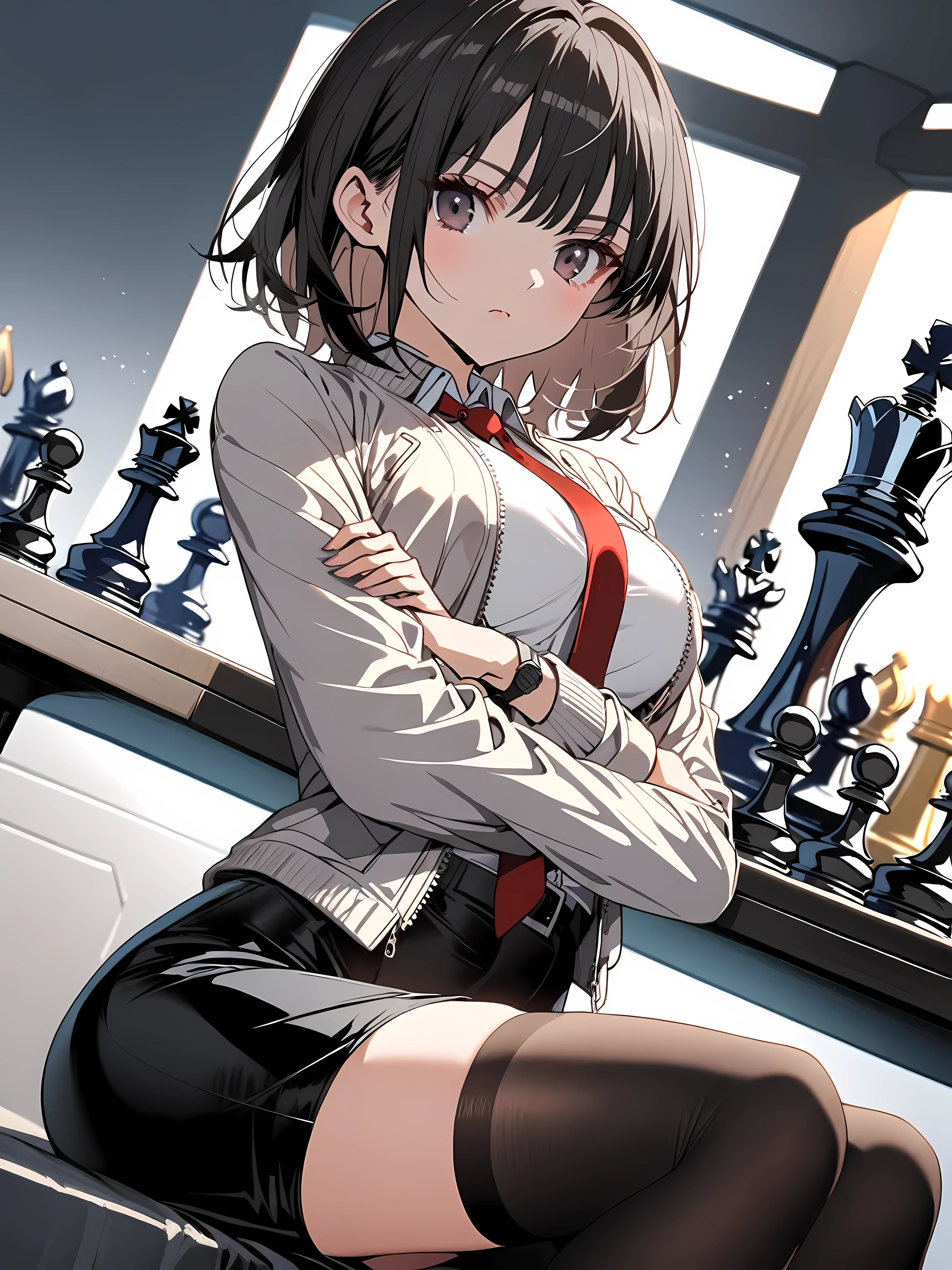1Women,(black Short hair),(medium breasts),(She sits near a chess table),(black eyes),(Red cheeks),(Expressionless face),(women's stockings),(Necktie),(Work jacket),(Tight skirt),(cross arms),(Low angle)