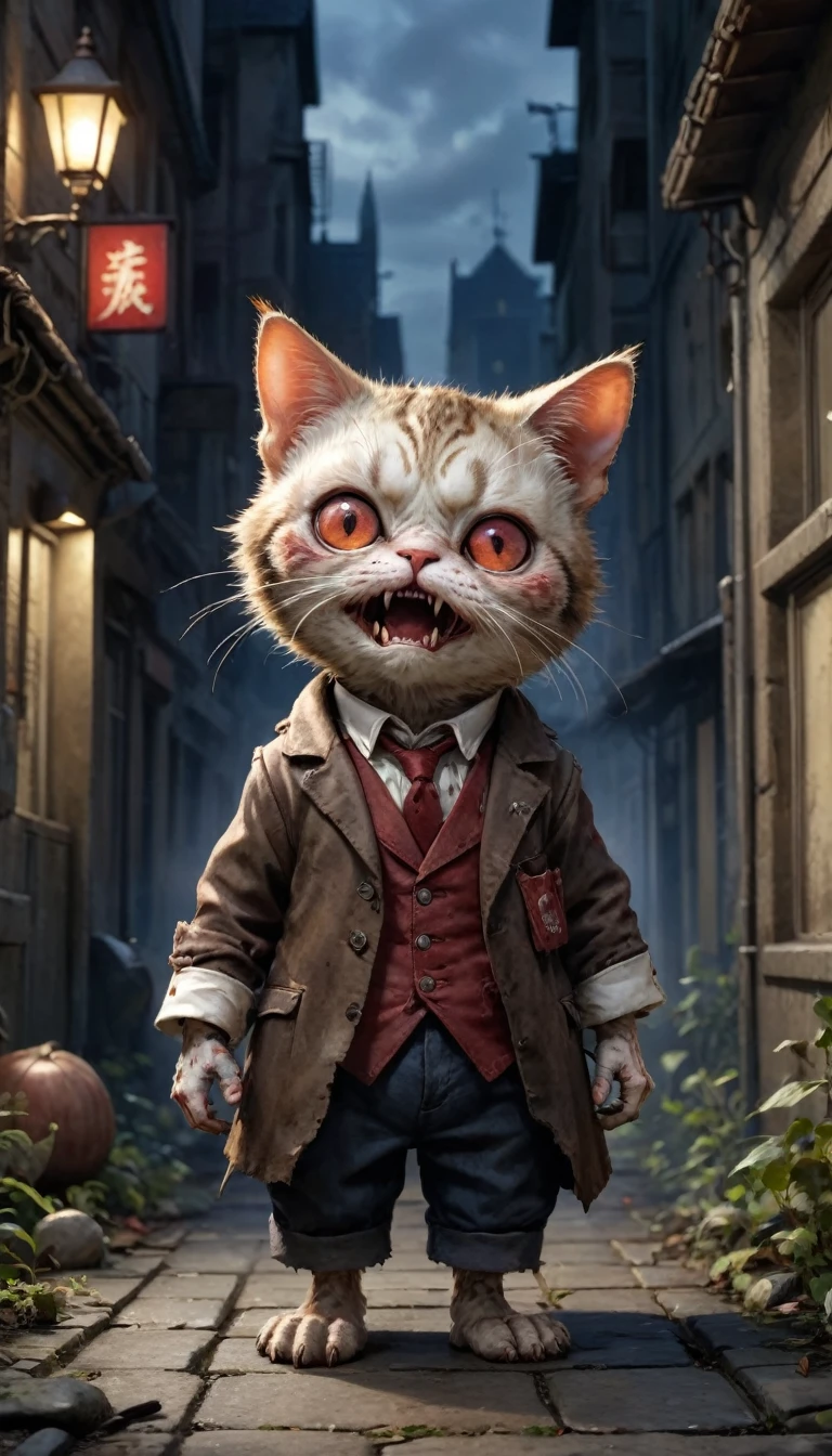 small, Mini character、Little、かわいいto be bornき物, Dressed as a zombie、 whole body,small , Are standing, Costume, City of night、 Fantasy art, Exquisite detail, Jean-Baptiste Monge Style, office、Alan Lee Style, Anthropomorphic, Fat, Brown zombie cat with red eyes, Movie Scenes, Dramatic shot angles, , Realistic, to be born々Stunning cinematic photorealism, Action Portrait, 8k, detailed, Full Frame