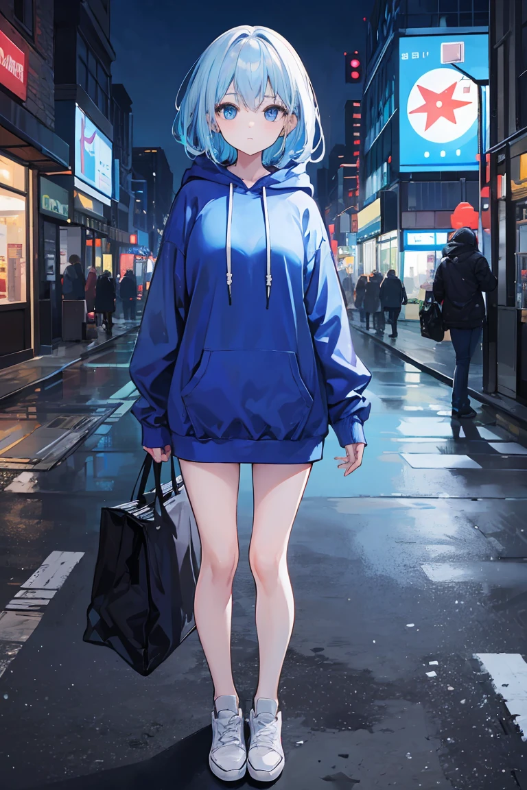 1 woman,light blue hair,bright blue eyes,blue and white hoodie,winter,looking at viewer,full body photo, Eye-Level Shot,Night background of future city with many buildings