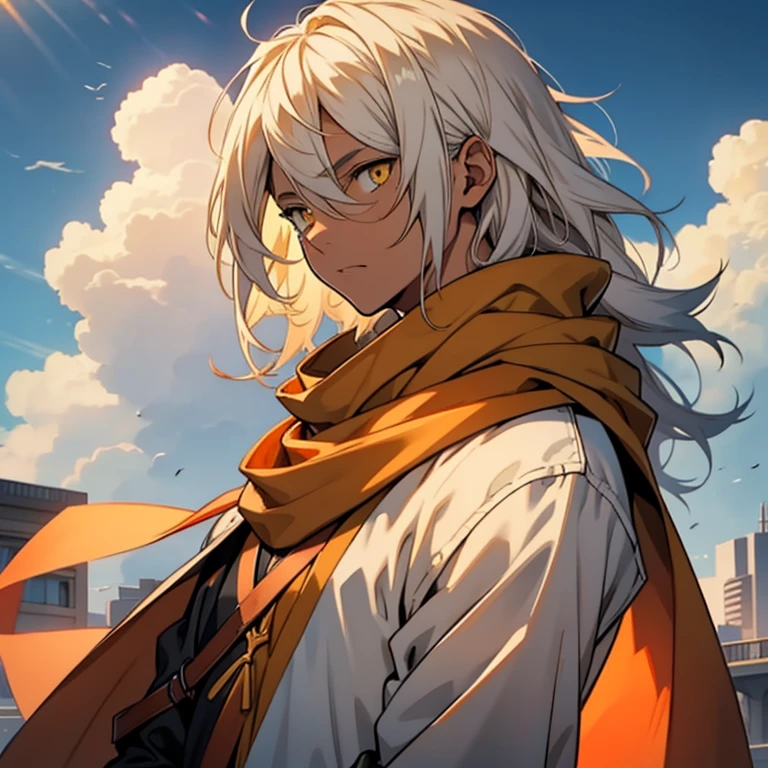 anime young black teen, long white hair, golden yellow eyes, tan skin, average build, blue shirt, fighter, close up shot, sunny background, brown wrap cloak, orange scarf, small clouds