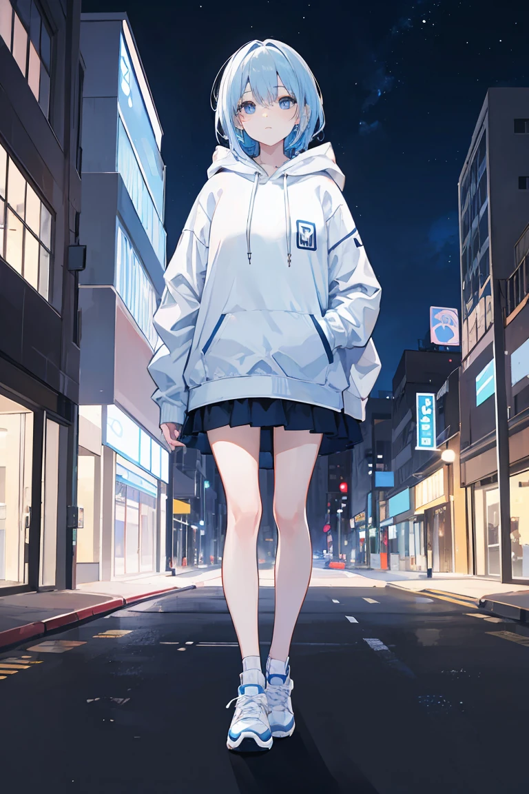 1 woman,light blue hair,bright blue eyes,blue and white hoodie,winter,looking at viewer,full body photo, Eye-Level Shot,Night background of future city with many buildings