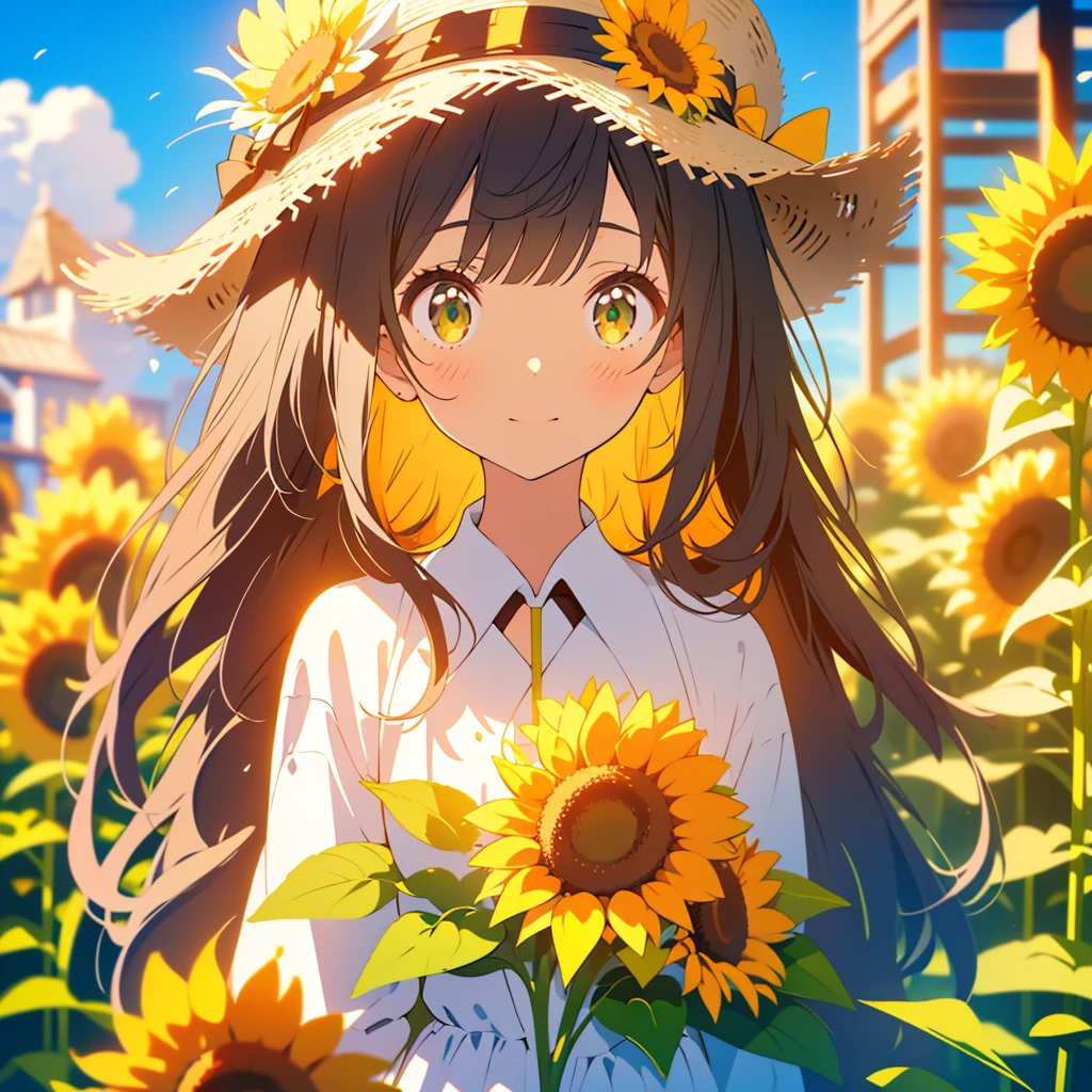 kawaii, anime, Cute, hyper quality, highly detailed, 8k, Clarity, Draw facial expressions in detail, Girl with long dark brown hair and green eyes, sunflower, painting, art, whole body, colorful ink, canvas, oil, brush, paint, paint, 999 sunflowers, surrounded by sunflowers, pull composition, Expanding composition, bird's eye view, white dress, art, turn around, straw hat, Richly colored, shine of the sun, light dances,