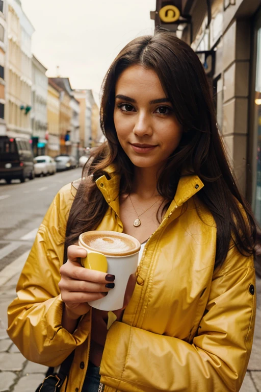 Woman in yellow jacket holding cup of coffee