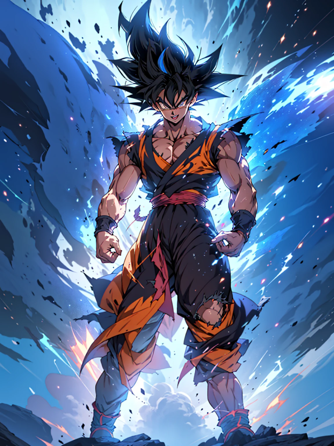 quadratic element,style of shonen anime artwork,son goku ,The proportions are correct,Face details,highly detailed eyes,hairstyle,Neck details,clothes details,getting ready to fight,short sleeves,Game quality,Light and shadow tracking,Ray traching,detailed glow,cg render,hair detail,Handsome,Handsome,(juvenile sense),Clothing is complicated, Perfectcomposition,Refinement,high qulity,higher details,Lots of details, cosmose in the background, The background is complex, a sense of atmosphere, happy looking, ((anime))((colorful)), 8k, ((masterpiece)), HDR, highly detailed, vaines poping out, professiona,cloudstick,goku,super saiyan, full body artwork, in space, (happy), (blackhair:1.2)