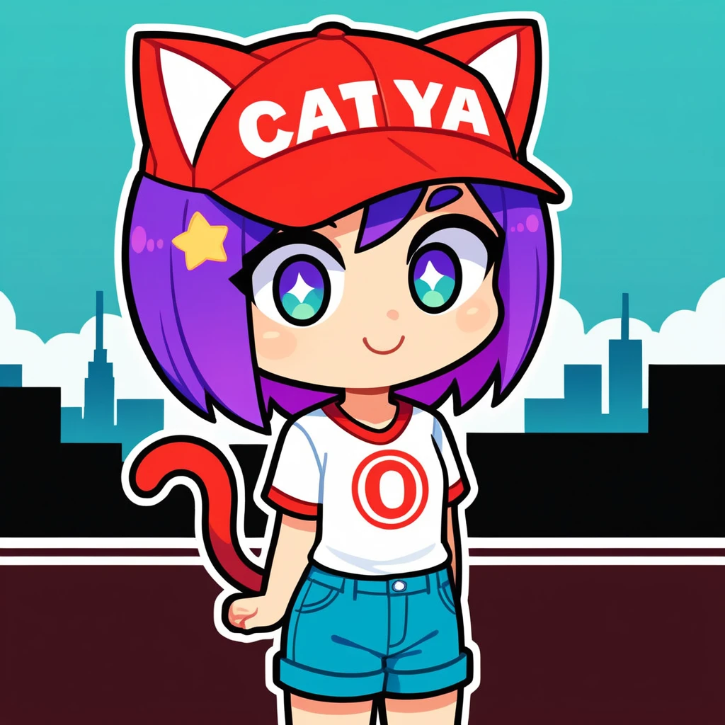 source_anime, score_9, score_8_up, BREAK 1girl, chibi, cat ears, baseball hat, shirt, shorts, city background, smile