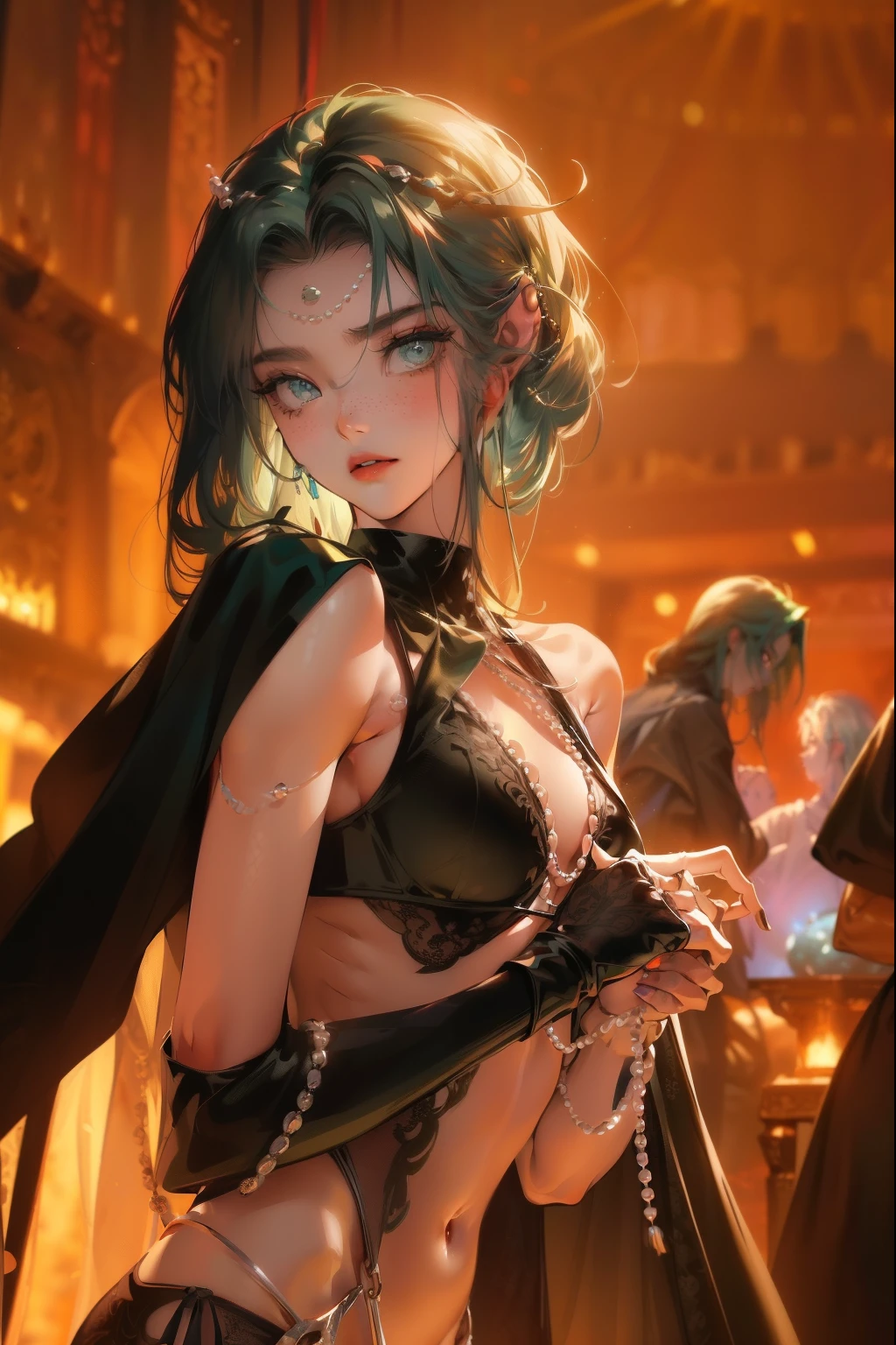 ((dark fantasy)), ((wavy hair, silver hair color, pale skin),(((green aquamarine eyes))), freckles, warm light,( ),busty,Glamour,Gorgeous,monochromes,erotic posing,Dynamic Posing,Arrange Pose,Dramatic,Cinematic,Detailed background, Dynamic Angle,From the angle of the film,Gothic background, Dark fantastic view,Best Quality,masutepiece,8K,The ultimate detailed dark background, Top image quality、RAW photography、超A high resolution,cropped shoulders, overall look is very erotic、Shot for one person only, model shoot, Large round chest, Beautiful Eyes of Details、Very slender eyes、Beautiful eyelashes、Very slim physique, with blush cheeks,Pearl Beaded Bralet Top, ((pearl top)), ((pearl bra))
