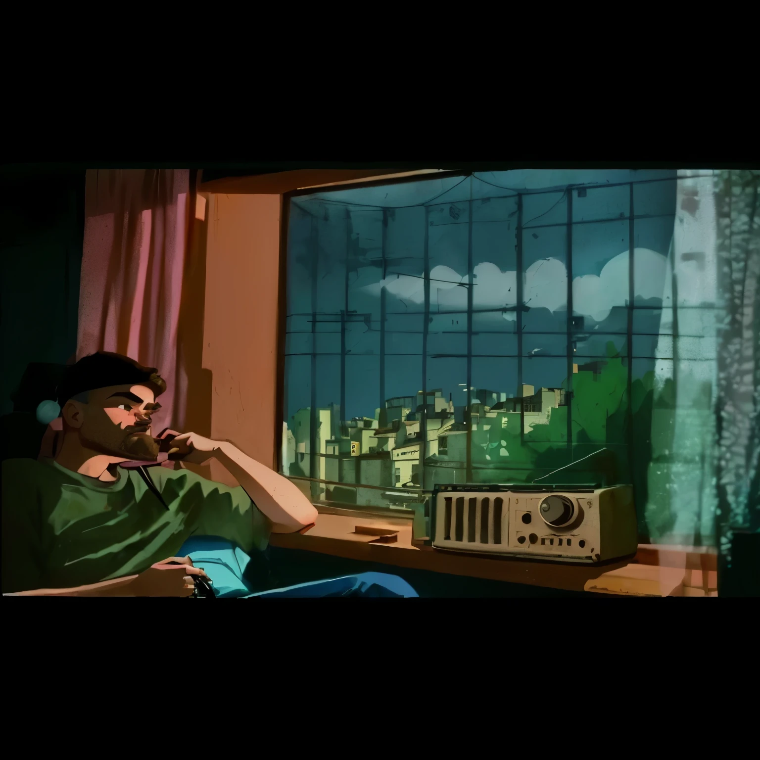 sharpened man sitting in front of a window with a radio, lofi portoRait at a window, animated film still, Lofi Stylestyle, animated film still, cartoon moody scene, Lofi Style, lo-fi illustration style, still excited, still from animated horror movie, lofi hip hop, lo-fi art, cartoon still, lofi portoRait