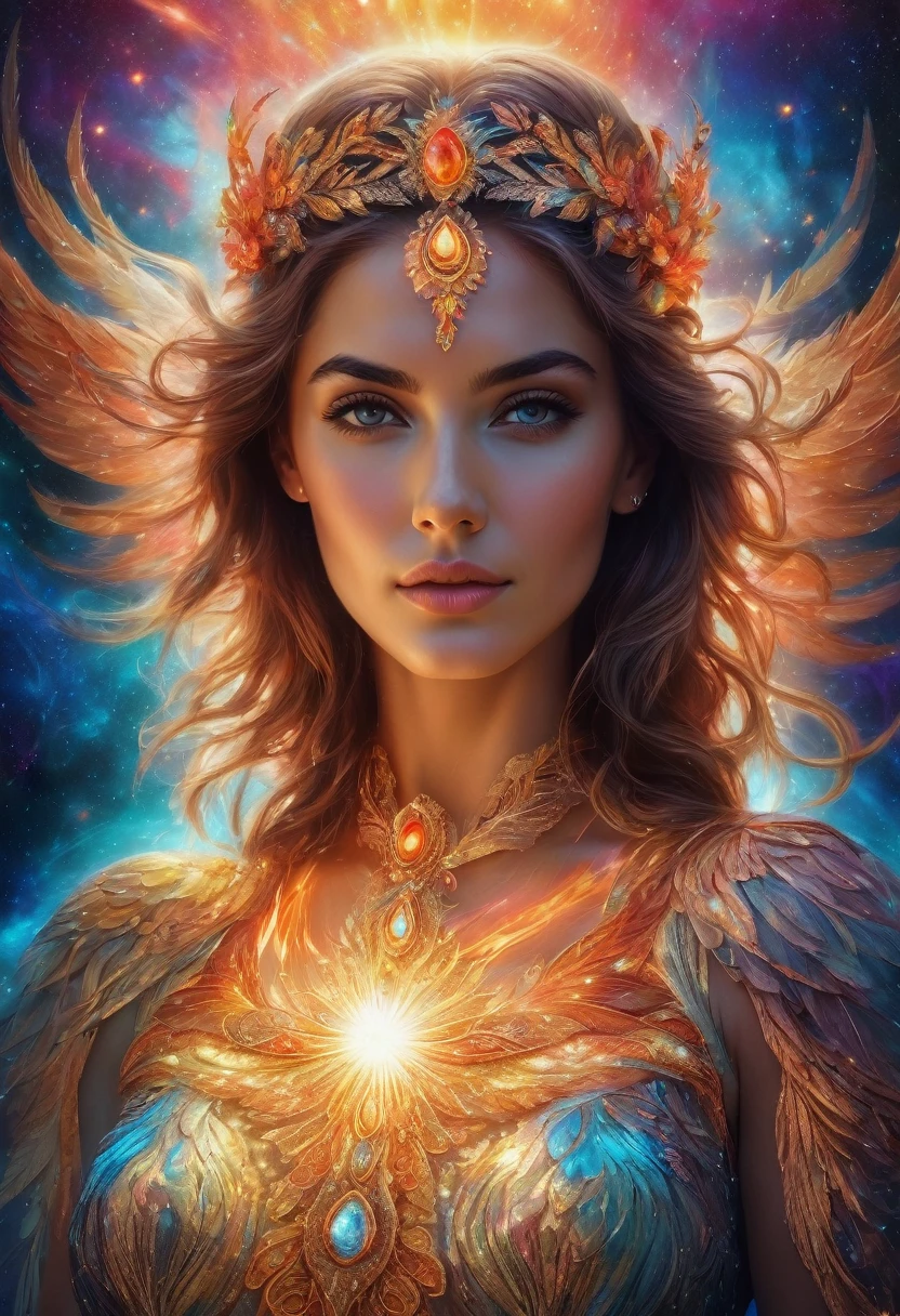 ((best quality)), ((masterpiece)), ((realistic)), portrait, beautiful woman, celestial, deity, goddess, light particles, halo, cosmic background, galaxies and planets, looking at the viewer, (bioluminescent: 0.95) flame, bioluminescence, phoenix, Vibrant, Colorful, Color, (Glow, Shine), (Beautiful Composition), Cinematic Lights, in dynamic pose, Intricate, (Symmetry: 0.5), Eccentric.
