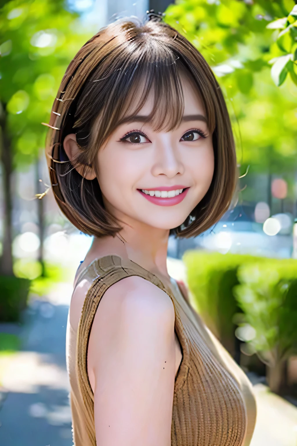 light brown hair, blunt bangs, bob cut, grin, depth of field, Fujicolor, UHD, masterpiece, anatomically correct, high quality, 8k, バストアップショット、