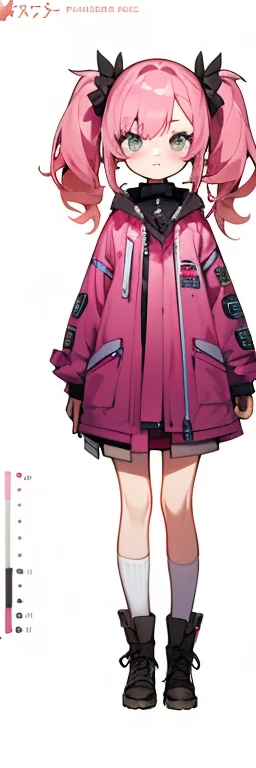 One Girl,  sister, (character sheet), front view, one pigtail on the right, pink hair, cozy clothes, oversized clothes