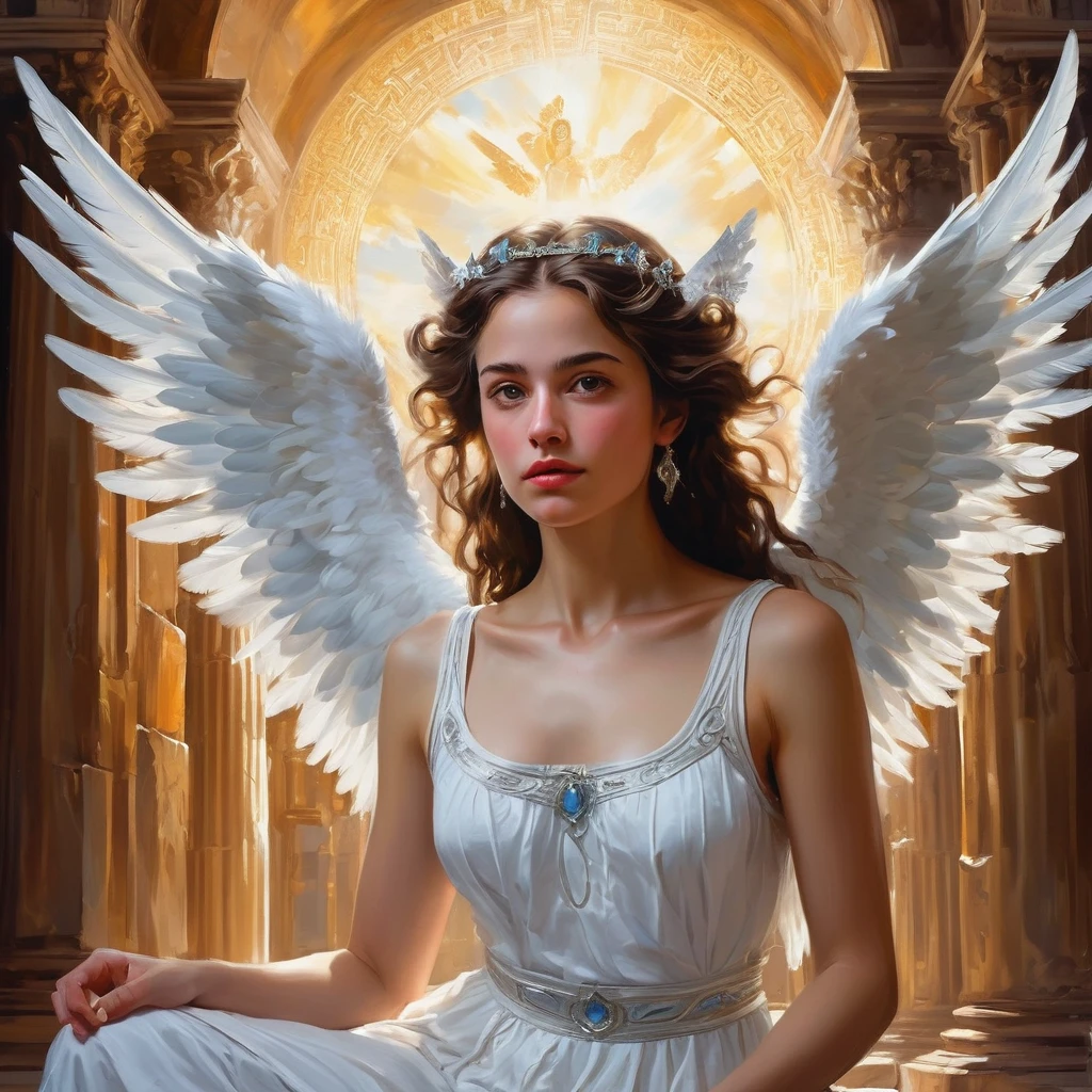 digital painting, expressive, bold brushstrokes, close-up woman as an angel style of Henry AsencioThe painting captures a romantic close-up focus on a character within a mysterious ancient Greek-style temple, infused with the aura and shape of the Star of David. In this portrait, a beautiful and enchanting female angel is depicted kneeling on her heels. Her expansive white feathered wings are spread wide, and a large golden halo radiates behind her. She is deeply engrossed in an intricately decorated ancient tome titled 'Spiritual Awakening'. This image is set within the ancient temple, surrounded by beautifully intricate clouds, rich in detail with a wide depth of field. Light illuminates the character, highlighting her features, with a high dynamic range adding to the overall splendor. This masterpiece reflects the hallmark style of John Singer Sargent.