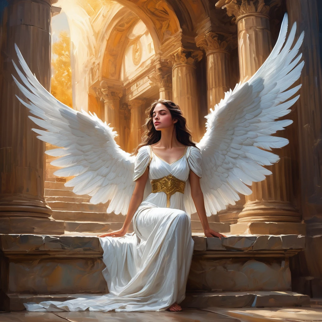 digital painting, expressive, bold brushstrokes, close-up woman as an angel style of Henry AsencioThe painting captures a romantic close-up focus on a character within a mysterious ancient Greek-style temple, infused with the aura and shape of the Star of David. In this portrait, a beautiful and enchanting female angel is depicted kneeling on her heels. Her expansive white feathered wings are spread wide, and a large golden halo radiates behind her. She is deeply engrossed in an intricately decorated ancient tome titled 'Spiritual Awakening'. This image is set within the ancient temple, surrounded by beautifully intricate clouds, rich in detail with a wide depth of field. Light illuminates the character, highlighting her features, with a high dynamic range adding to the overall splendor. This masterpiece reflects the hallmark style of John Singer Sargent.