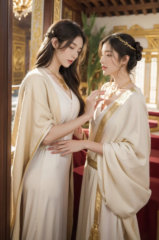 (((best quality))), (((ultra detailed))), (((masterpiece))), illustration, 1girl, young girl, fair complexion, flowing hair, gold necklace, white tunic, red toga, Roman-style public bathhouse, architectural grandeur, intricate frescoes, mosaic patterns, dashing middle-aged man, strong physique, short cropped hair, piercing blue eyes, white toga with gold thread, golden laurel wreath, serene atmosphere, scent of lavender and rosemary, soft laughter, whispered conversations, ancient Roman culture, timeless scene, enchanting journey through history