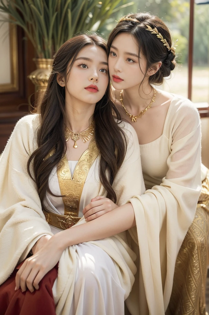 (((best quality))), (((ultra detailed))), (((masterpiece))), illustration, 1girl, young girl, fair complexion, flowing hair, gold necklace, white tunic, red toga, Roman-style public bathhouse, architectural grandeur, intricate frescoes, mosaic patterns, dashing middle-aged man, strong physique, short cropped hair, piercing blue eyes, white toga with gold thread, golden laurel wreath, serene atmosphere, scent of lavender and rosemary, soft laughter, whispered conversations, ancient Roman culture, timeless scene, enchanting journey through history
