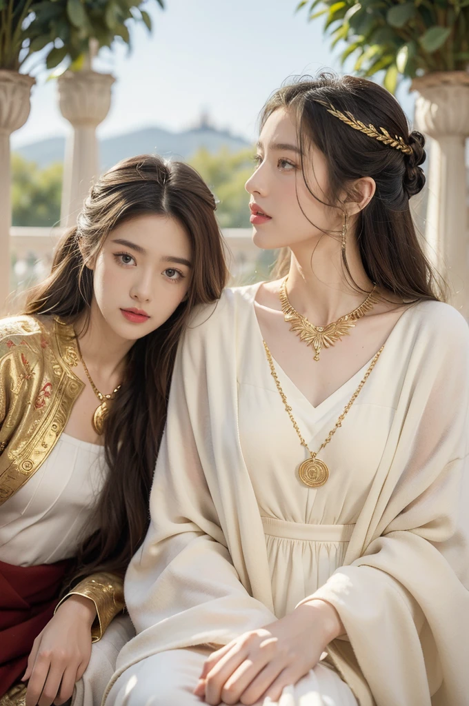 (((best quality))), (((ultra detailed))), (((masterpiece))), illustration, 1girl, young girl, fair complexion, flowing hair, gold necklace, white tunic, red toga, Roman-style public bathhouse, architectural grandeur, intricate frescoes, mosaic patterns, dashing middle-aged man, strong physique, short cropped hair, piercing blue eyes, white toga with gold thread, golden laurel wreath, serene atmosphere, scent of lavender and rosemary, soft laughter, whispered conversations, ancient Roman culture, timeless scene, enchanting journey through history