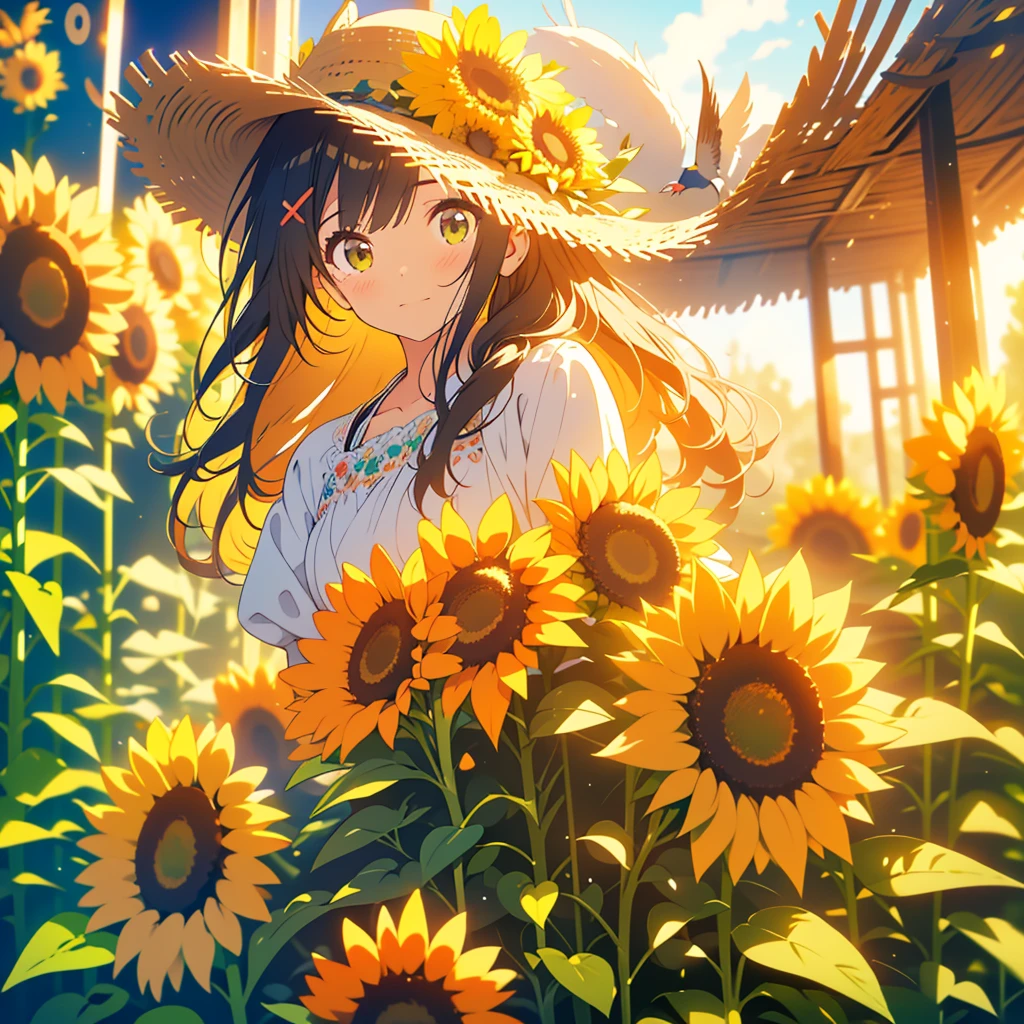 kawaii, anime, Cute, hyper quality, highly detailed, 8k, Clarity, Draw facial expressions in detail, Girl with long dark brown hair and green eyes, sunflower, painting, art, whole body, colorful ink, canvas, oil, brush, paint, paint, 999 sunflowers, surrounded by sunflowers, pull composition, Expanding composition, bird's eye view, white dress, art, turn around, straw hat, Richly colored, shine of the sun, light dances,