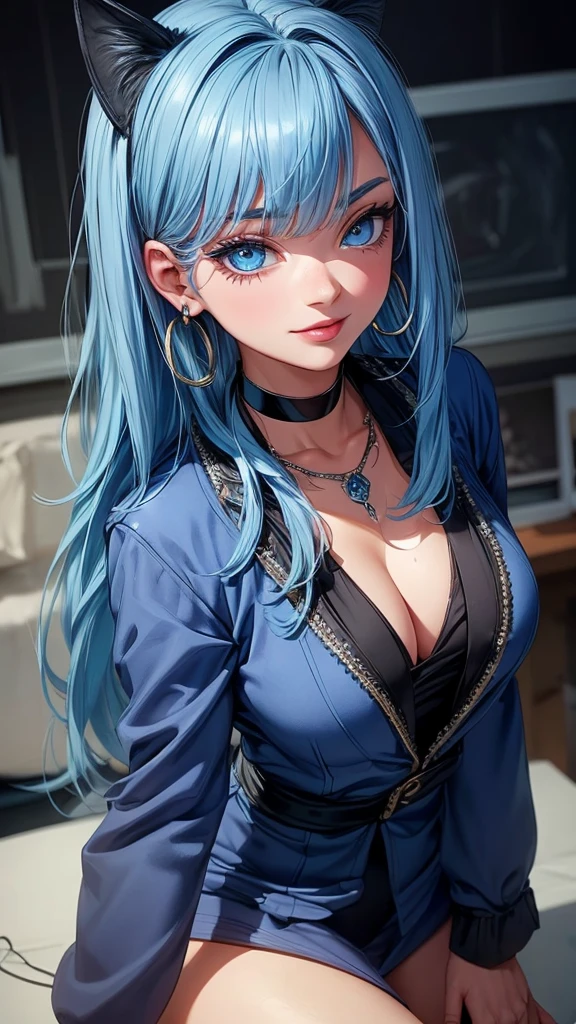 ((highest quality)),(ultra high resolution),(Super detailed),(detailed description),((best CG)),(best work of art),super precision art, great drawing art,(Art with precise details:1.5), 1 girl, solo, ((blue hair)), ((blue eyes)), beautiful face, long eyelashes, natural eyebrows, ((blue satin suit)), (looking at viewer), earrings, ear piercing, large breasts, thick thighs, cleavage, open clothes, pale skin, flirty smile, juicy lips, posing sexily, sultry eyes, ((long bangs)), ((black choker, necklace)), (cat ears), close up, portrait, selfie