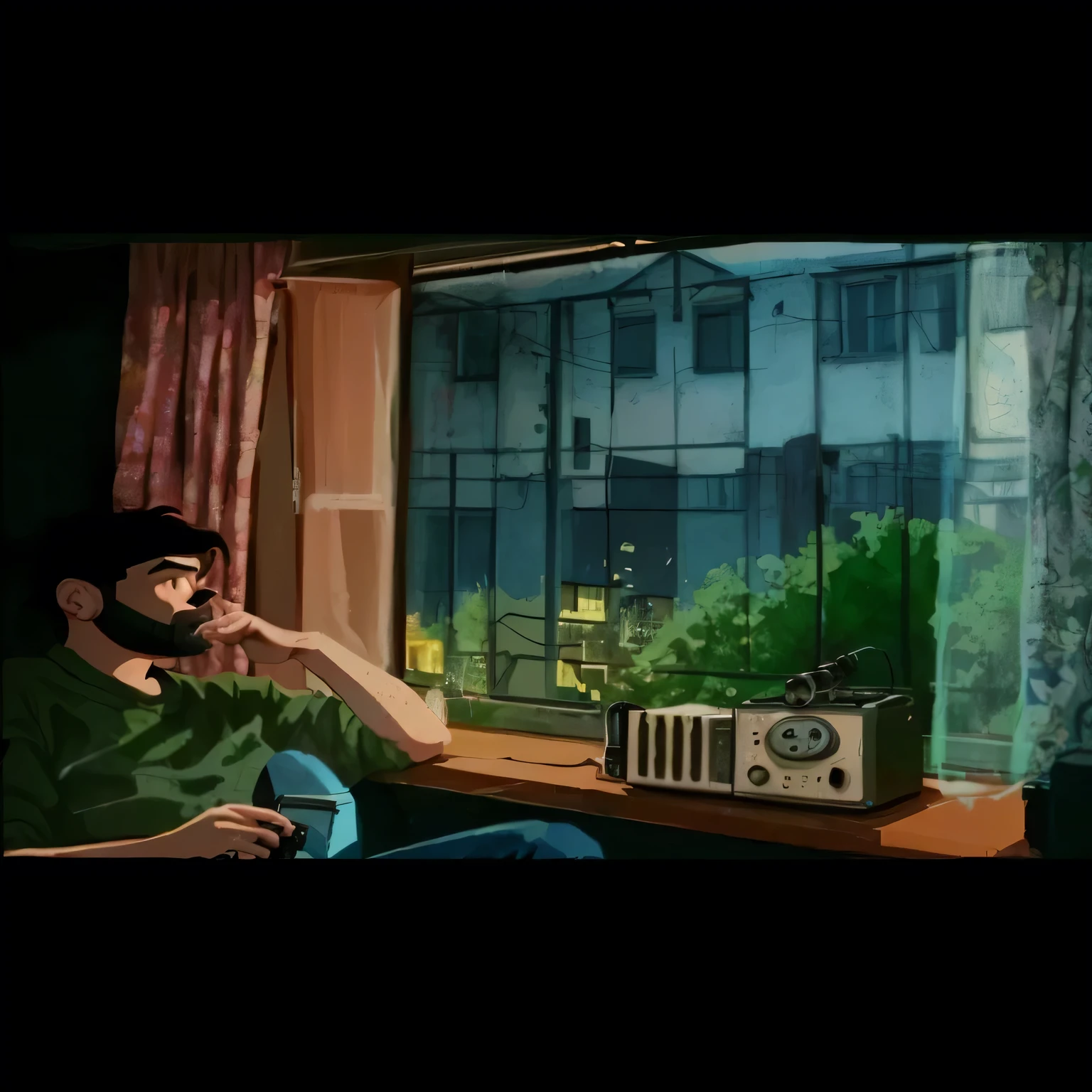 sharpened man sitting in front of a window with a radio, lofi portoRait at a window, animated film still, Lofi Stylestyle, animated film still, cartoon moody scene, Lofi Style, lo-fi illustration style, still excited, still from animated horror movie, lofi hip hop, lo-fi art, cartoon still, lofi portoRait