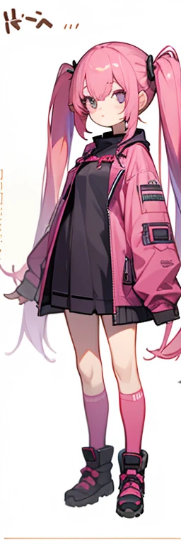 One Girl, little sister, ((character sheet)), front view, (one long pigtail on the right), pink hair, cozy clothes, oversized clothes