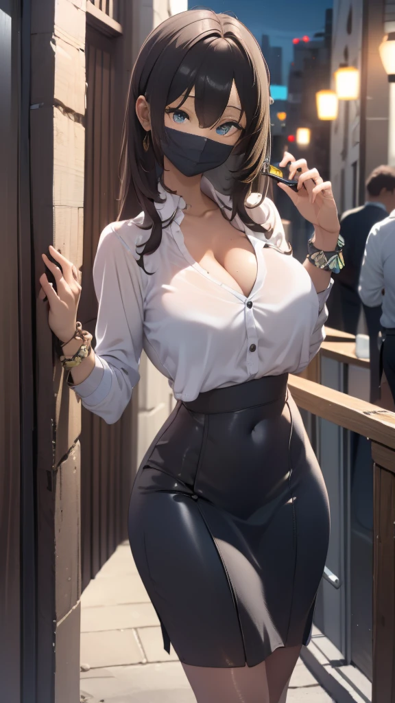 (Familiar, masterpiece, Highest quality, Complex),

Cowboy Shot, Kyoka Tachibana,

(((Big Breasts,))), 
1 girl, alone, 
Cute eyes, Beautiful Face, Perfect round ass, 
Fit and body, Female Pervert,


alone, Pale skin,
blue eyes, ((Beautiful mature woman)),
(/Black Mask:1.5/, /Grey tight long dress with plunging neckline:1.2/ & Lightweight cardigan), clavicle、Lazy face、/Black Hair/, Captivating smile, Mischievous face, Sweat, vapor, Embarrassing, blush, Excited, ((Voice of the Heart, Busts of Graduates))

Snapshots of the city、Fashion magazine style、Street Fashion Magazines、Full body view、Accessories Standing)、stylish、meat、Genuine、