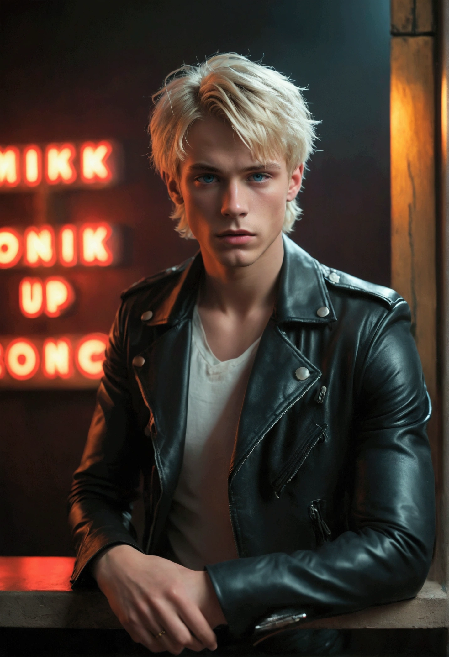 Hyper realistic, dark vibes, solo, young male fashion model Dominik Sadoch, boyish, 22 years, pale skin, blue eyes, (short textured blond hair:1.1), layered bangs, black leather jacket, dark lighting, in luxury strip club room, (smirk:1.1), (holding a knife up:1.1), (neon sign in background that says "CONTEXT":1.1)