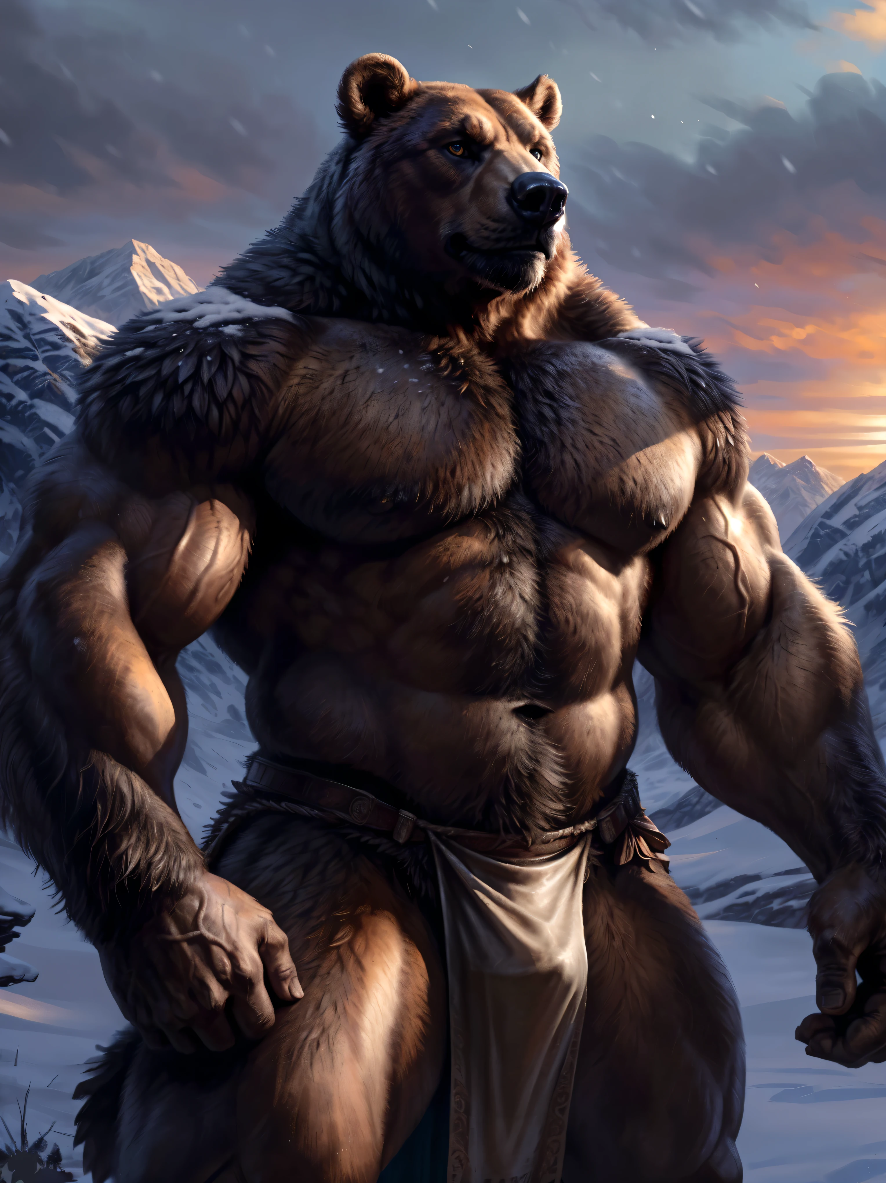 Sharp focus, masterpiece, 8k, intricate artwork, hyper detailed, high detail, best quality, perfect colors, perfect shadows, perfect lighting, posted on e621, furry body, portrait shot, close-up, anthro brown bear, (veiny, massive strongman, burly, manly, brutal face features, masculine:1.3), (monotone brown fur, fists), male, correct anatomy, (photorealistic fur, detailed hairs, epic, masterpiece:1.2), by Taran Fiddler, by Rukis, Bonifasko lighting, (by Blotch), detailed bear eyes, looking at the viewer, best posture, correct finger count, detailed winter nature background, mountains, (evening, sunset), snowstorm, blizzard, standing, (gray thick warm loincloth:1.3), (bulge:0.8), heroic pose