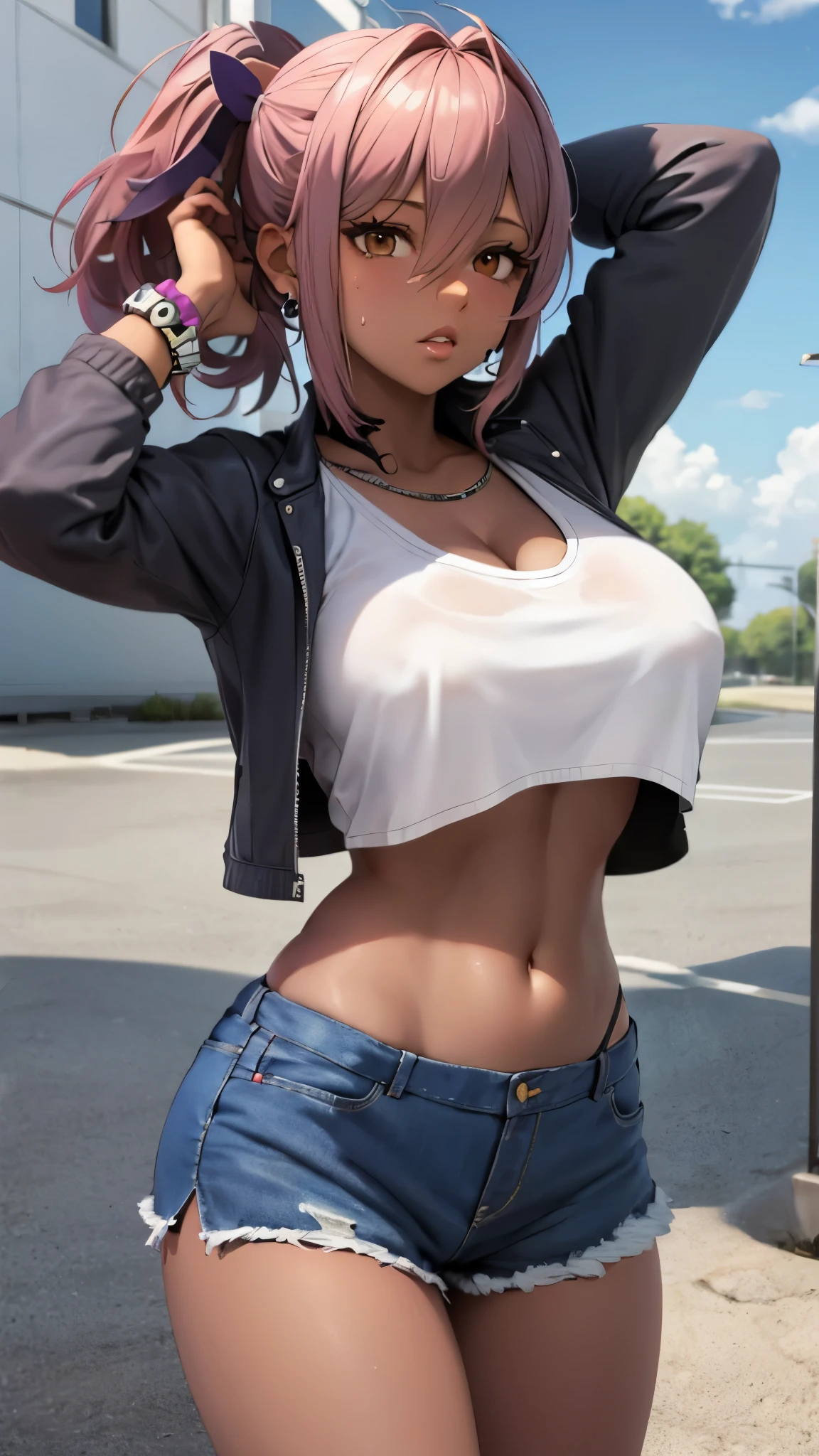 The sky is low, mix_Artwork Style, Hanging , big , Cleavage, Sweaty, sexy, thick, 1 girl, Brown eyes, Pink Hair, Long Hair, Dark Skin, Pierced Ears, Long sleeve, Sleeves are longer than the wrist, Crop top, Improve, lips, White nails, Long nails