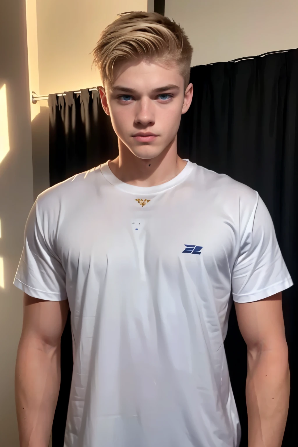 (front photo, white background) 18 year old boy. male version, blond hair, wide chin, blue eyes, handsome boy, curtain bangs. strong and muscular boy, handsome and cheerful. black t-shirt. smooth face without beard. hair with bangs. sharp defiant look, confident and arrogant boy. tall and strong. standing.